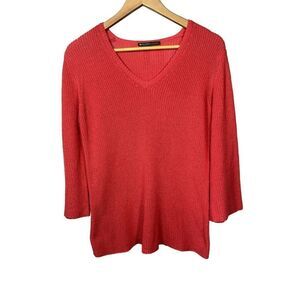 ELLIOTT LAUREN Women's V-Neck 3/4 Sleeve Knit Pullover Sweater Coral Size XS